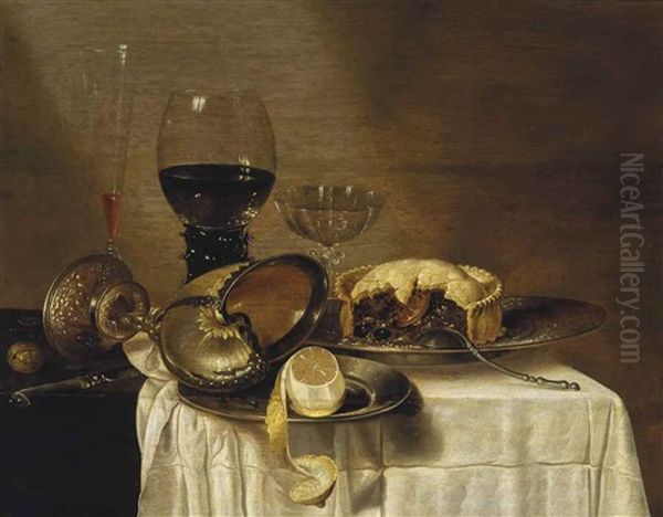 A Nautilus Cup, Peeled Lemon, And A Meat Pie With A Roemer And Other Wine Glasses On A Partially Draped Table Oil Painting by Willem Claesz Heda