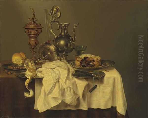 A Blackberry Pie On A Pewter Platter, A Silver-gilded Cup And Cover, An Upturned Tazza, A Partly-peeled Lemon, A Bread Roll... Oil Painting by Willem Claesz Heda