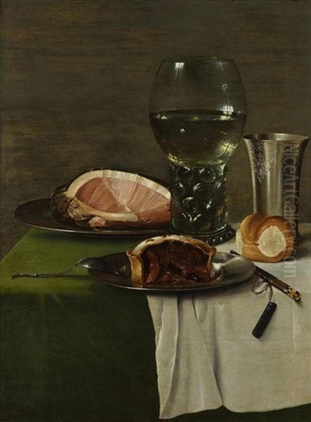 A Still Life With A Glass Of White Wine, Silver Cup And Food Oil Painting by Willem Claesz Heda