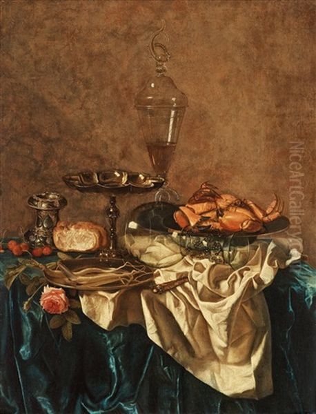 Still Life With A Crab, Glass Trophy, A Rose And Cherries Oil Painting by Willem Claesz Heda