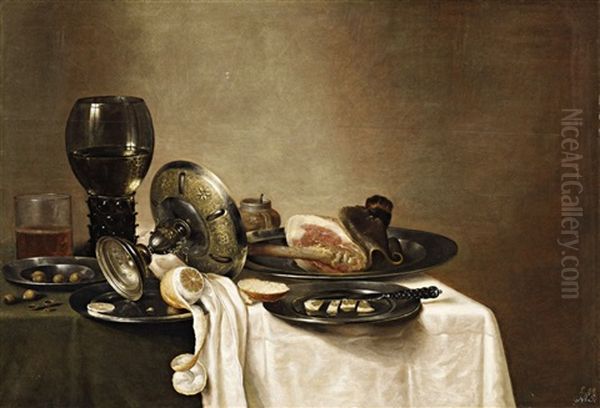 Still Life With A Leg Of Lamb, A Peeled Lemon, Two Glasses And Pewter Dishes On A Table Oil Painting by Willem Claesz Heda