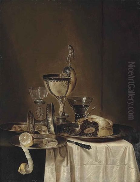 A Blackberry Pie On A Pewter Platter, A Roemer, An Upturned Silver Tazza, A Partially Peeled Lemon With Olives On A Pewter Platter And A Nautilus Cup... by Willem Claesz Heda