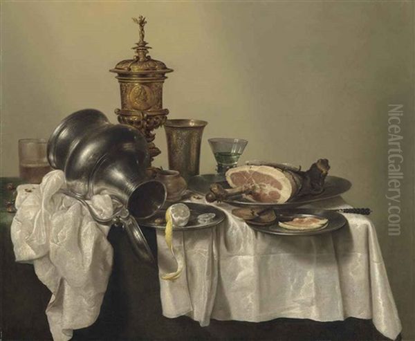 A Leg Of Ham, A Partly-peeled Lemon And Slices Of Bread On Pewter Platters, A Berkemeier, An Upturned Tankard, A Silver-gilt Cup And Cover... Oil Painting by Willem Claesz Heda