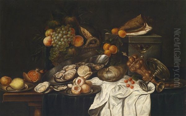 Banketje Mit Fruchten, Austern Und Umgesturzten Prunkgefassen Oil Painting by Willem Claesz Heda