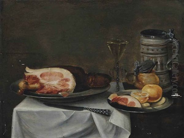 A Ham With Bone On A Pewter Platter, Lemons And Ham On A Pewter Platter, A Knife, A Pitcher, A Mustard Pot And A Facon-de-venise Wine Glass... Oil Painting by Willem Claesz Heda