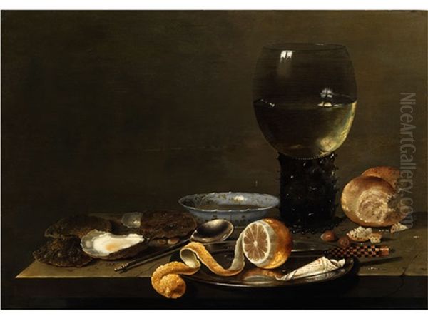 Stilleben Mit Grossem Romerweinglas, Brot, Porzellanschale, Austern, Zitrone Auf Einem Teller Und Einem Fidibus Oil Painting by Willem Claesz Heda