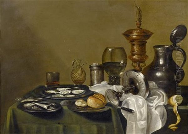 Reiches Stilleben Mit Prunkgefassen, Austern, Brot, Silbernem Salzgefass Und Romer Oil Painting by Willem Claesz Heda