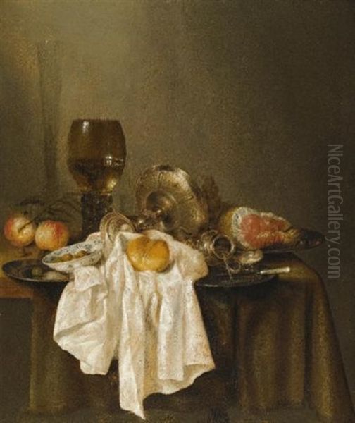 A Banketje Still Life With A Roemer, A Silver Tazza On Its Side, A Ham, Peaches, A Salt Cellar, A Bread Roll, And A White Cloth On A Partly Draped Table Oil Painting by Willem Claesz Heda