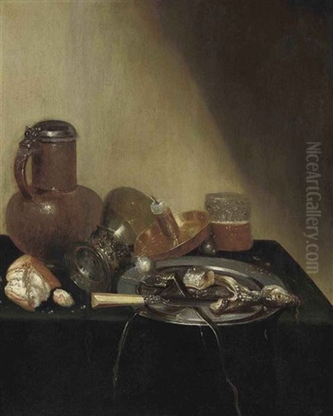 A Pronk Still Life, With A Herring On A Pewter Plate, An Earthenware Jug, A Loaf Of Bread, An Upturned Roemer, A Candle Holder, And A Beer Glass... Oil Painting by Willem Claesz Heda