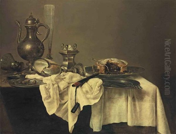 A Blackberry Pie, An Upturned Nautilus Cup, A Salt-cellar, A Facon- De-venise Flute Of Wine, A Silver Ewer, An Upturned Roemer, Hazelnuts, A Silver Knife... Oil Painting by Willem Claesz Heda