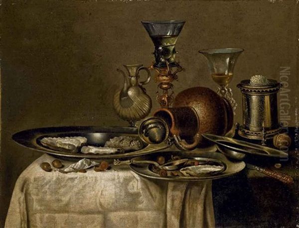 Roemer, Huitres Et Noisettes Dans Des Plats En Etain Poses Sur Une Able Drapee D'une Nappe Blanche Oil Painting by Willem Claesz Heda