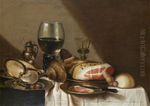 Stilleben Med Nautiluspokal, Glas Och Skinka Oil Painting by Willem Claesz Heda