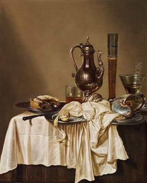 Still Life With Jug, Wine Glass And Pie On A Table Oil Painting by Willem Claesz Heda