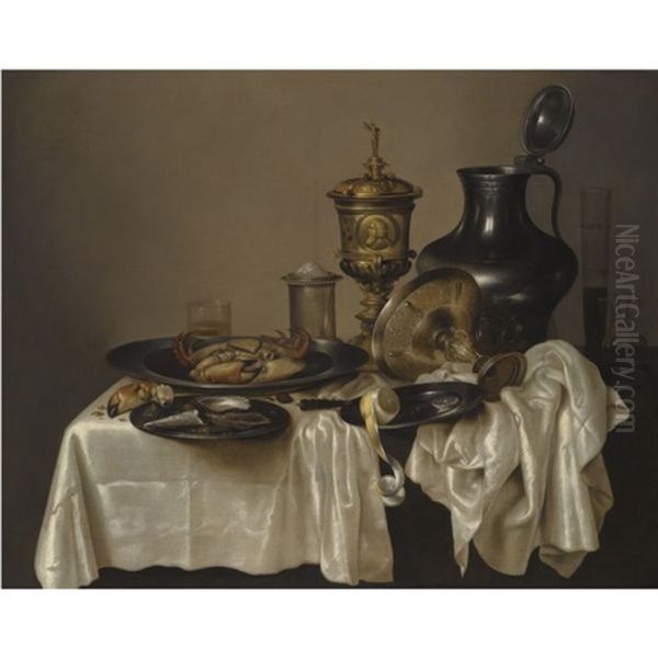 A Still Life With A Silver-gilt Goblet, An Overturned Silver Tazza, A Pewter Flagon, Glasses And A Salt Cellar, With A Crab, Oysters, Nuts, A Knife And A Peeled Lemon On A Table Draped With A White Cloth Oil Painting by Willem Claesz Heda