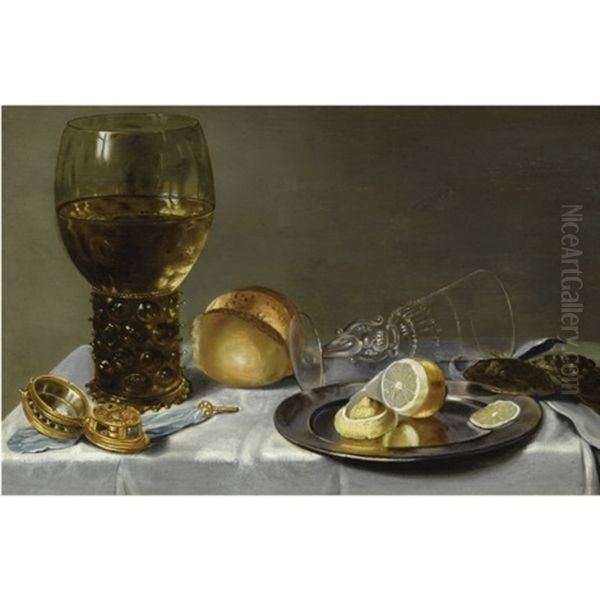 Still Life Of A Roemer, A Facon De Venise, A Partly Peeled Lemon On A Pewter Plate, Two Oysters, A Bread Roll And A Pocket-watch, All Arranged On A Draped Table Oil Painting by Willem Claesz Heda