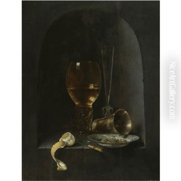 Still Life With A Roemer, A Fluted Wine-glass, A Silver Goblet, A Blue-and-white Porcelain Bowl Filled With Green Olives, A Partly Peeled Lemon And A Knife, All Arranged Within A Stone Niche Oil Painting by Willem Claesz Heda