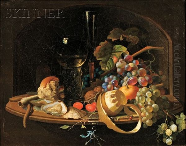 Still Life With Romer, Fruit, And Oysters On A Ledge Oil Painting by Willem Claesz Heda