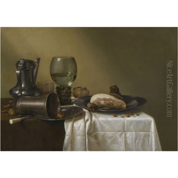 Still Life Of A Pewterkanne, Aroemer, An Overturned Silver Beaker Resting On A Pewter Plate And A Ham Upon Another Pewter Plate, All Upon A Table Covered In A Brown Cloth And Partly Draped With A White Cloth Oil Painting by Willem Claesz Heda