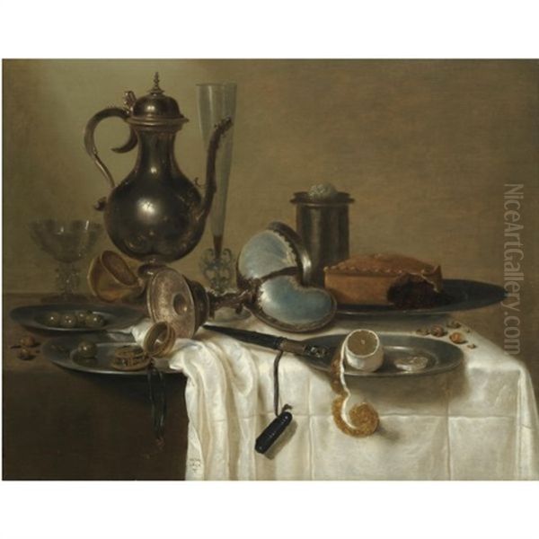 A Still Life With A Pewter Wine-pot, An Overturned Nautilus Cup, A Flute-glass, A Pewter Salt, A Pie On A Dish, Olives, A Partially-peeled Lemon And A Chronometer, All Resting On A Table Partially Covered By A White Table Cloth Oil Painting by Willem Claesz Heda