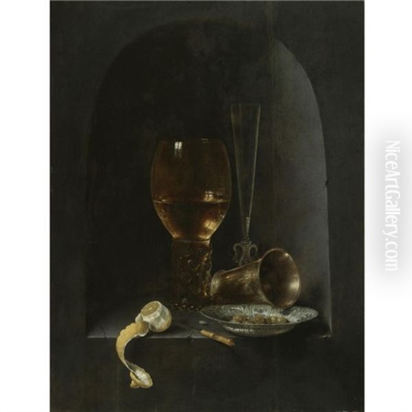 Still Life With A Roemer, A Fluted Wine-glass, A Silver Goblet, A Blue-and-white Porcelain Bowl Filled With Green Olives, A Partly Peeled Lemon And A Knife, All Arranged Within A Stone Niche by Willem Claesz Heda