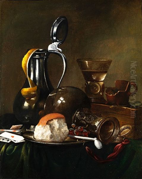 Stilleben Mit Zinnkrug, Glasflasche, Trinkglas Und Zerbrochenem Becher Oil Painting by Willem Claesz Heda