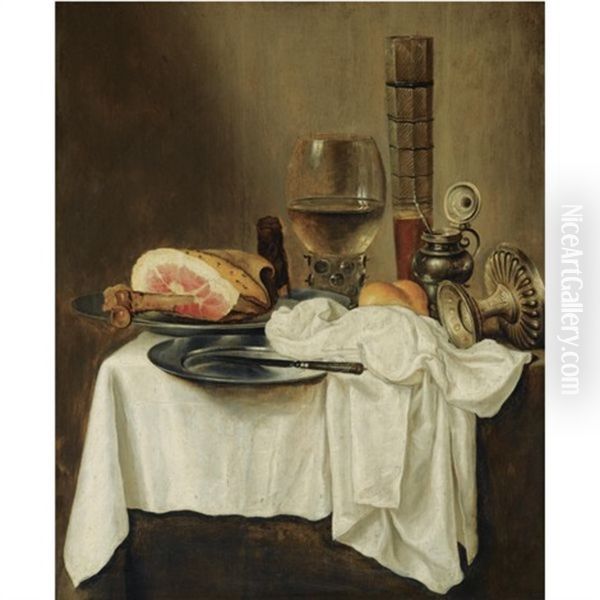 Still Life With A Roemer And A Pasglas, A Ham And A Knife On Pewter Plates, A Silver Jar, A Tazza And A Bread Roll, All On A Table Draped With A White Cloth Oil Painting by Willem Claesz Heda