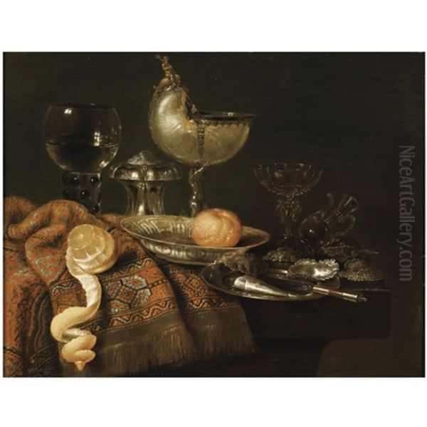 A Still Life With A Nautilus Cup, A Silver Salt Cellar, A Roemer And A Facon De Venise Glass, An Orange On A Pocelain Plate, A Peeled Lemon With Oysters On A Silver Plate, All On Stone Ledge Part Oil Painting by Willem Claesz Heda