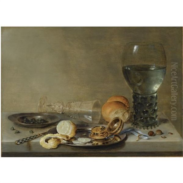 Still Life Of A Roemer And A Facon De Venise, A Partly Peeled Lemon, A Pocket-watch And Capers On Pewter Plates, Together With A Knife, A Bread Roll And Hazelnuts, All Arranged On A Stone Table Oil Painting by Willem Claesz Heda