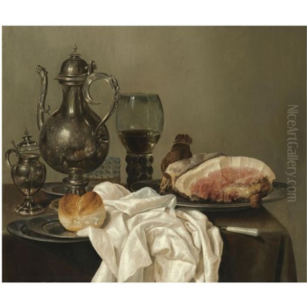 A Still Life With A Silver Tazza, A Silver Pot, A Roemer With White Wine, A Glass With Beer, Four Pewter Plates With A Bread Roll And A Shoulder Of Ham, All On A Green Table Cloth Oil Painting by Willem Claesz Heda