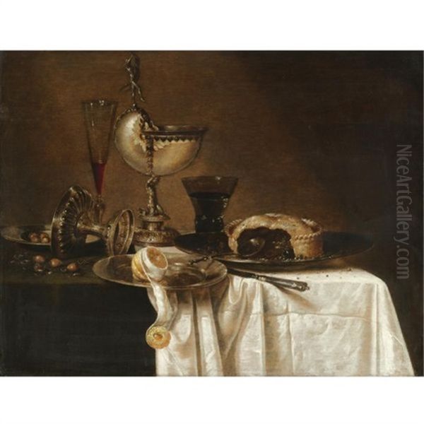 Still Life With An Overturned Tazza, A Tall Wine Glass, An Open Pie On A Pewter Plate, A Partly Peeled Lemon And A Nautilus Cup All Arranged On A Partly Draped Table Oil Painting by Willem Claesz Heda