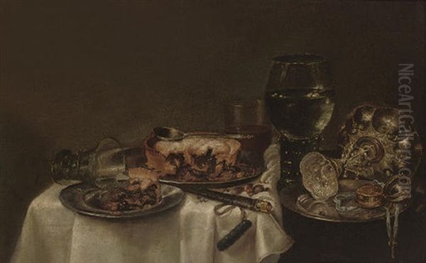 A Roemer, A Pie On A Pewter Plate... Oil Painting by Willem Claesz Heda