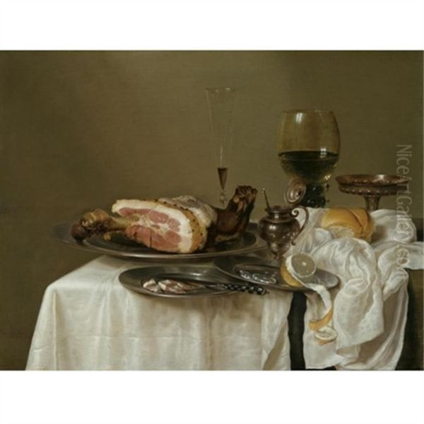 A Still Life With A Roemer, A Silver Tazza, A Fluted Wine-glass, A Mustard Jar, A Ham And A Partly Peeled Lemon On Pewter Dishes And A Bread Roll, All Arranged On A Table-top Draped In White Oil Painting by Willem Claesz Heda