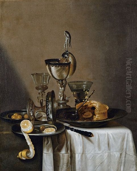 Stilleben Mit Nautiluspokal, Silberner Tazza, Weinglasern, Einer Pastete, Zitrone Und Oliven Oil Painting by Willem Claesz Heda