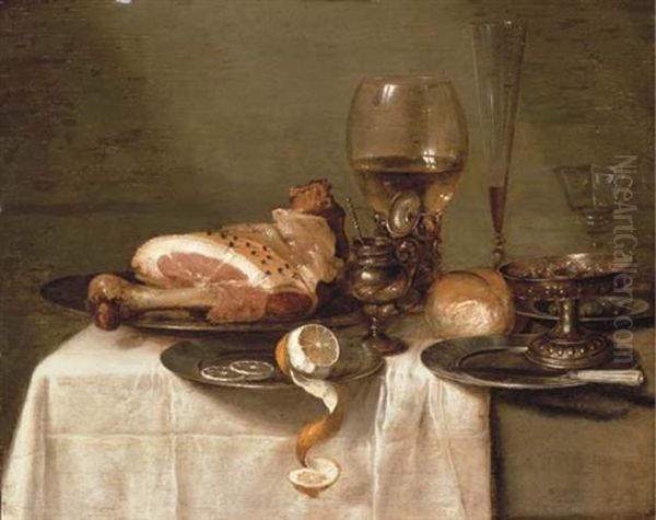 A Ham On A Pewter Plate, A Partly-peeled Lemon, A Roemer, A Glass Flute, A Wine Glass, A Bowl Of Olives, A Silver-gilt Tazza, A Bread Roll, A Knife On A Pewter Plate And A Mustard Pot On A Table Oil Painting by Willem Claesz Heda