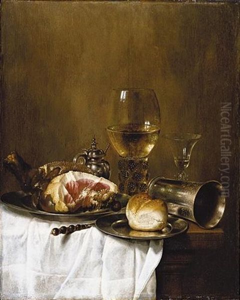 A Still Life Of A Roemer Filled With White Wine, A Wine-glass, A Silver Beaker On Its Side, A Ham And A Bread-roll On Pewter Plates, All Arranged On A Wooden Table Partly Draped With A White Cloth Oil Painting by Willem Claesz Heda