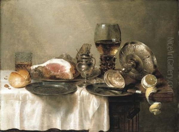 A Ham On A Pewter Platter, A Knife On A Pewter Plate, With A Roll, A Pewter Mustard Pot, A Partly-peeled Lemon, A Giant Roemer... Oil Painting by Willem Claesz Heda