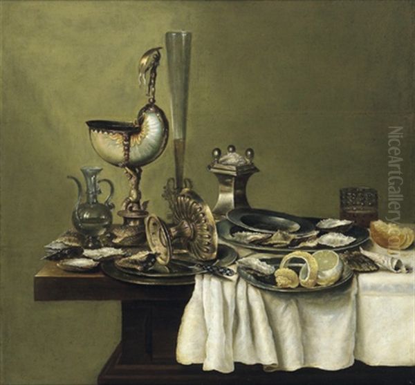 Stillleben (banketje) Mit Nautiluspokal, Sektflote, Silberner, Umgesturzter Tazza, Zinngeschirr, Austern Und Zitrone Oil Painting by Willem Claesz Heda