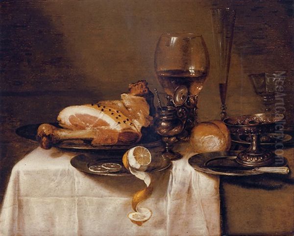 A Ham On A Pewter Plate, A Partly-peeled Lemon, A Roemer, A Glass Flute, A Wine Glass, A Bowl Of Olives, A Silver-gilt Tazza, A Bread Roll, A Knife On A Pewter Plate And A Mustard Pot On A Table Oil Painting by Willem Claesz Heda