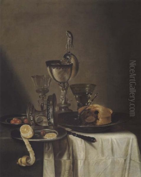 Stillleben Mit Nautiluspokal, Silberner Tazza, Weinglasern, Einer Pastete, Zitrone Und Oliven Oil Painting by Willem Claesz Heda