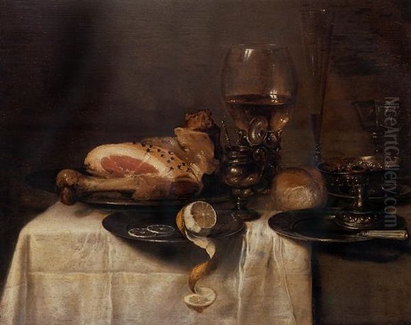 A Ham On A Pewter Plate, A Partly-peeled Lemon, A Roemer, A Glass Flute, A Wine Glass, A Bowl Of Olives, A Silver-gilt Tazza, A Bread Roll, A Knife On A Pewter Plate And A Mustard Pot On A Table Oil Painting by Willem Claesz Heda