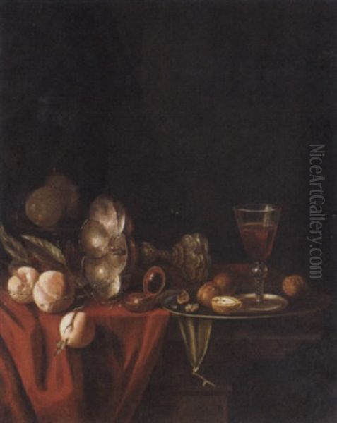 A Silver Goblet, A Roemer Of Wine, Walnuts, Peaches, Pears And A Compass On A Partly Draped Table Oil Painting by Willem Claesz Heda