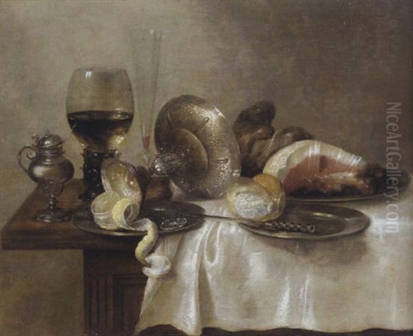 Stilleben Mit Einer Umgesturtzten, Silbernen Tazza, Einem Weinglas, Zitrone, Brot Und Schinken Auf Einem Tisch Oil Painting by Willem Claesz Heda