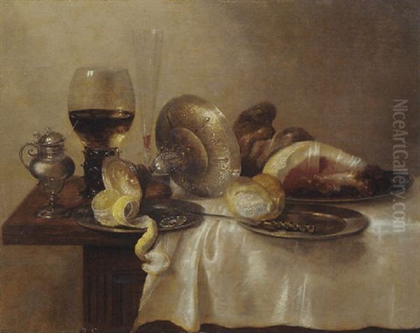 An Upturned Silver Tazza And A Partially Peeled Lemon On A Pewter Platter, With A Silver Pot, And A Roemer On A Partially Draped Table Oil Painting by Willem Claesz Heda