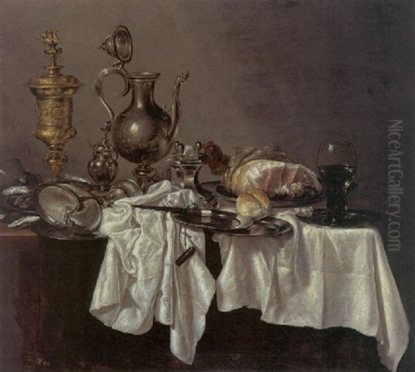 Still Life With A Silver Ewer, A Silver-gilt Covered Cup, A Ham, A Salt, A Roemer, A Nautilus Shell And Other Objects Oil Painting by Willem Claesz Heda