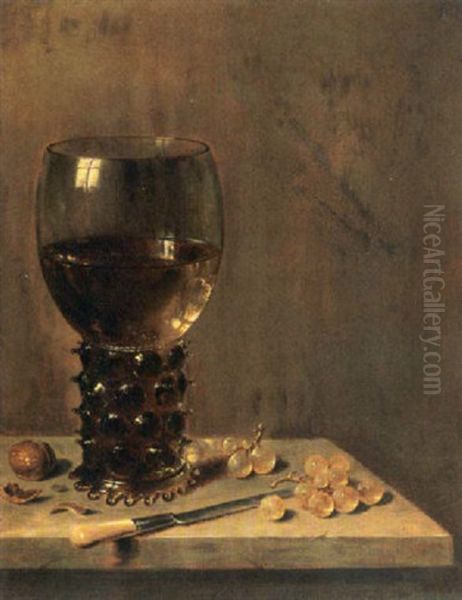 A Still Life With A Roemer, A Walnut, White Grapes And A Knife, All On A Ledge Oil Painting by Willem Claesz Heda