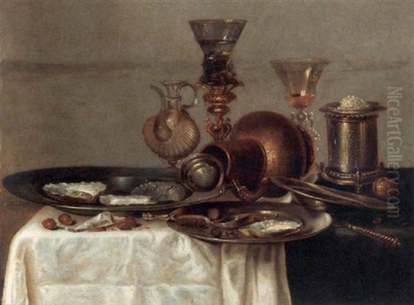 A Still Life With Three Pewter Plates, A Water-bottle, A Glass On A Gilt Bekerschroef, A Jug, A Wine-glass, A Silver Salt Cellar, Nuts, A Knife And A Silver Spoon Oil Painting by Willem Claesz Heda