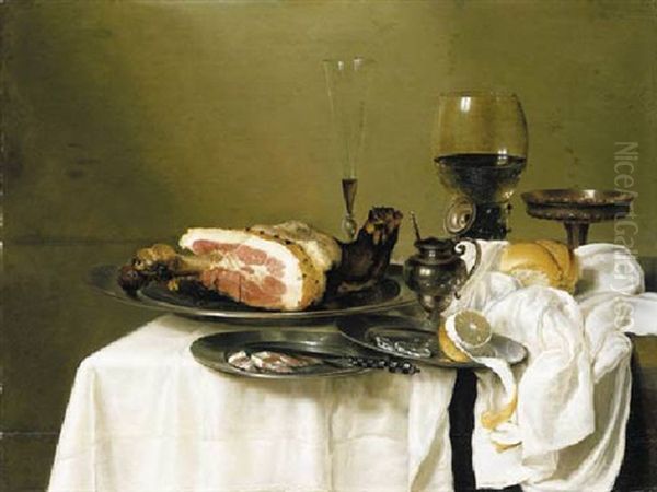 A Hock Of Ham, A Knife With Slices Of Ham And A Peeled Lemon On Pewter Dishes, With A Wineglass, A Roemer, And A Tazza, On A Draped Table Oil Painting by Willem Claesz Heda