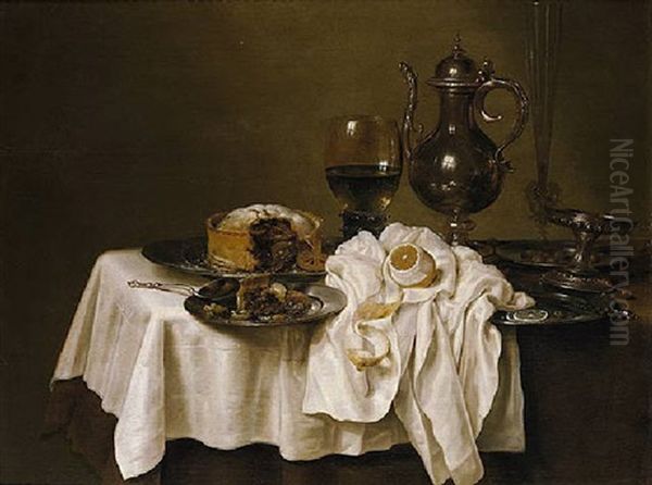 Still Life With A Roemer, A Silver Tazza, A Knife And A Sliced Lemon On A Pewter Plate, And Other Objects, All Arranged On A Table Oil Painting by Willem Claesz Heda