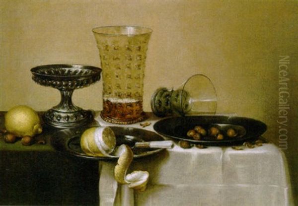 A Peeled Lemon, A Knife And Hazelnuts On Pewter Plates With A Lemon, A Silver Tazza And A Beer Glass, All On A Draped Table Oil Painting by Willem Claesz Heda