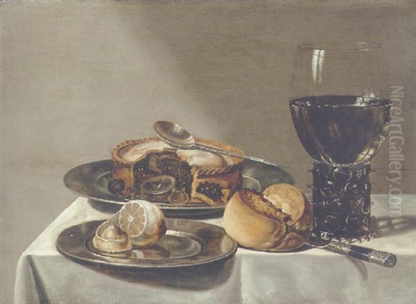 A Roemer, A Pie With A Spoon And A Peeled Lemon On Pewter Plates, A Breadroll And A Knife On A Draped Table by Willem Claesz Heda